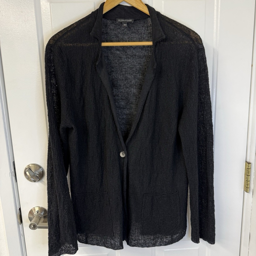 Eileen Fisher Organic Linen Cotton Cardigan Blazer‎ Black Quiet Luxury Size Med